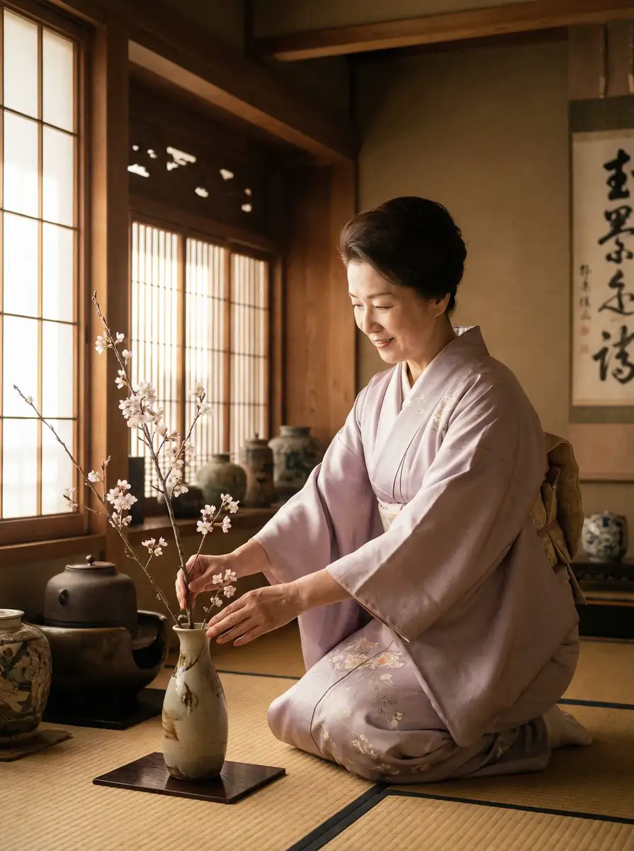 一位优雅的 花都视频 在和室中插花